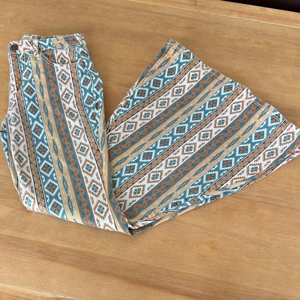 Shyanne Tribal Print Pants in Blue and Brown Boho Country Western 30 Flare